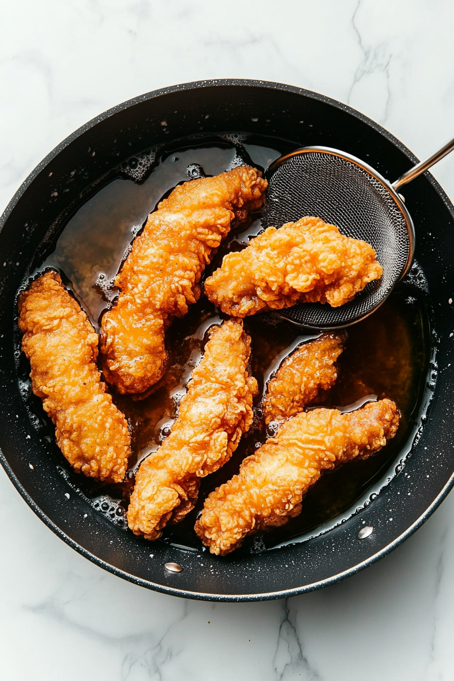 Fry until golden: Carefully place tenders into the hot oil. Fry in batches for 4–5 minutes until golden and cooked through.