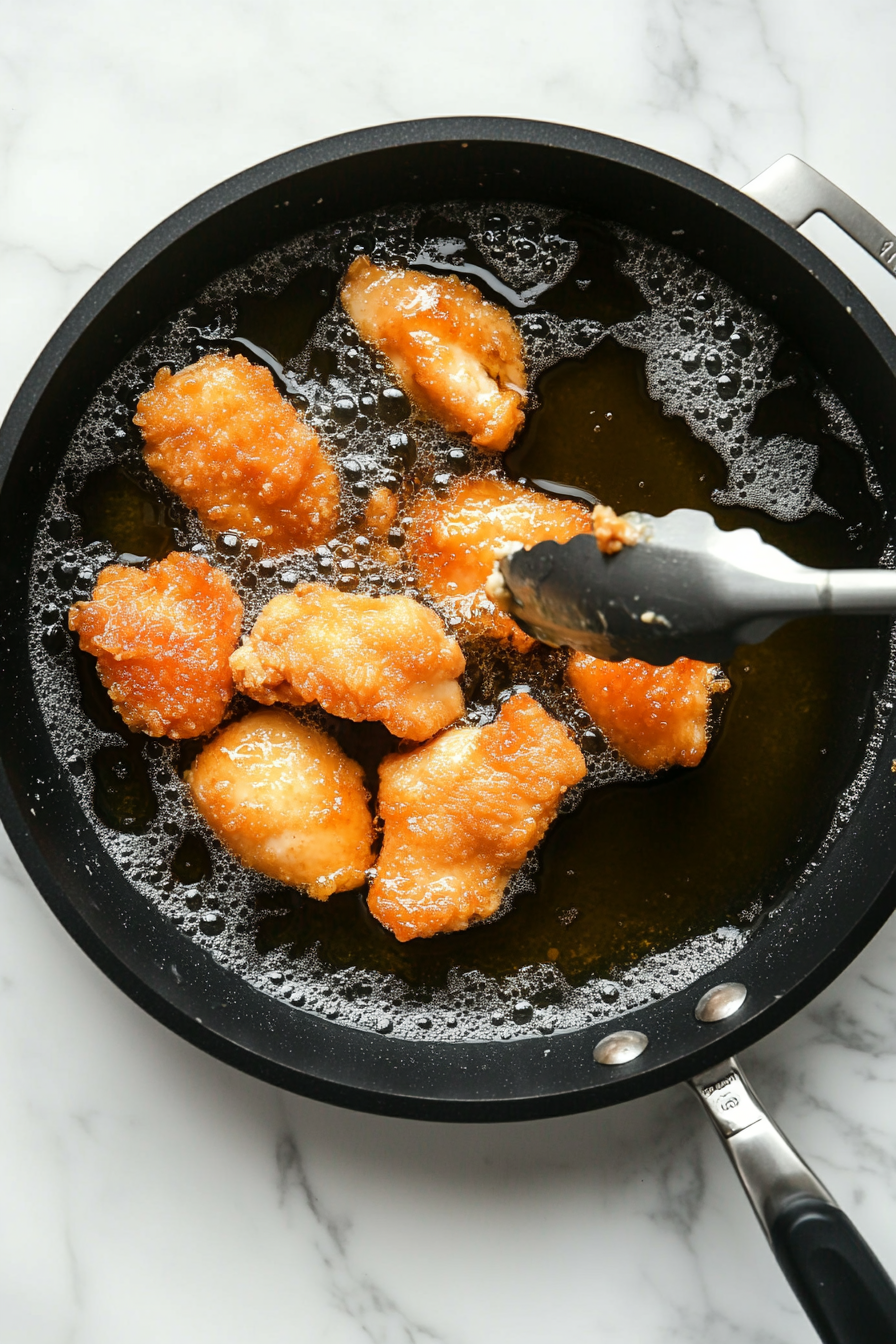 Heat olive oil in a skillet and fry chicken in batches until crispy and golden. Set aside.