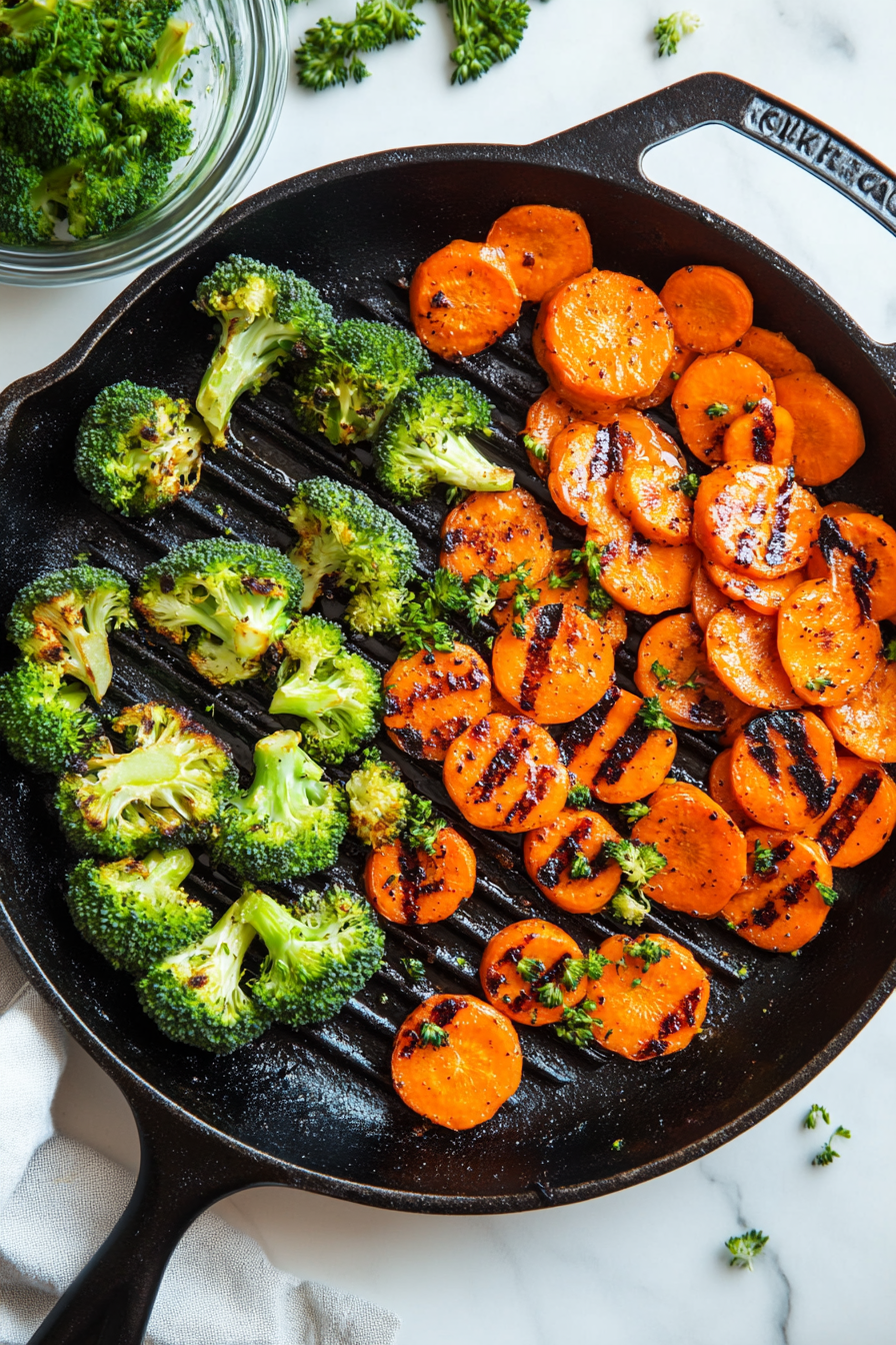 Toss broccoli and carrots in leftover marinade and roast or grill until tender-crisp.