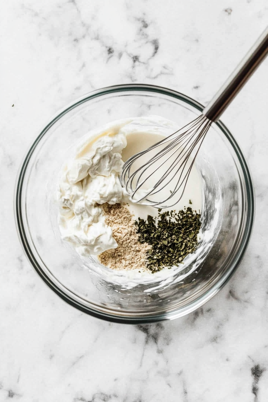 In a bowl, mix cream of chicken soup, milk, sour cream, ranch seasoning, and onion powder until smooth