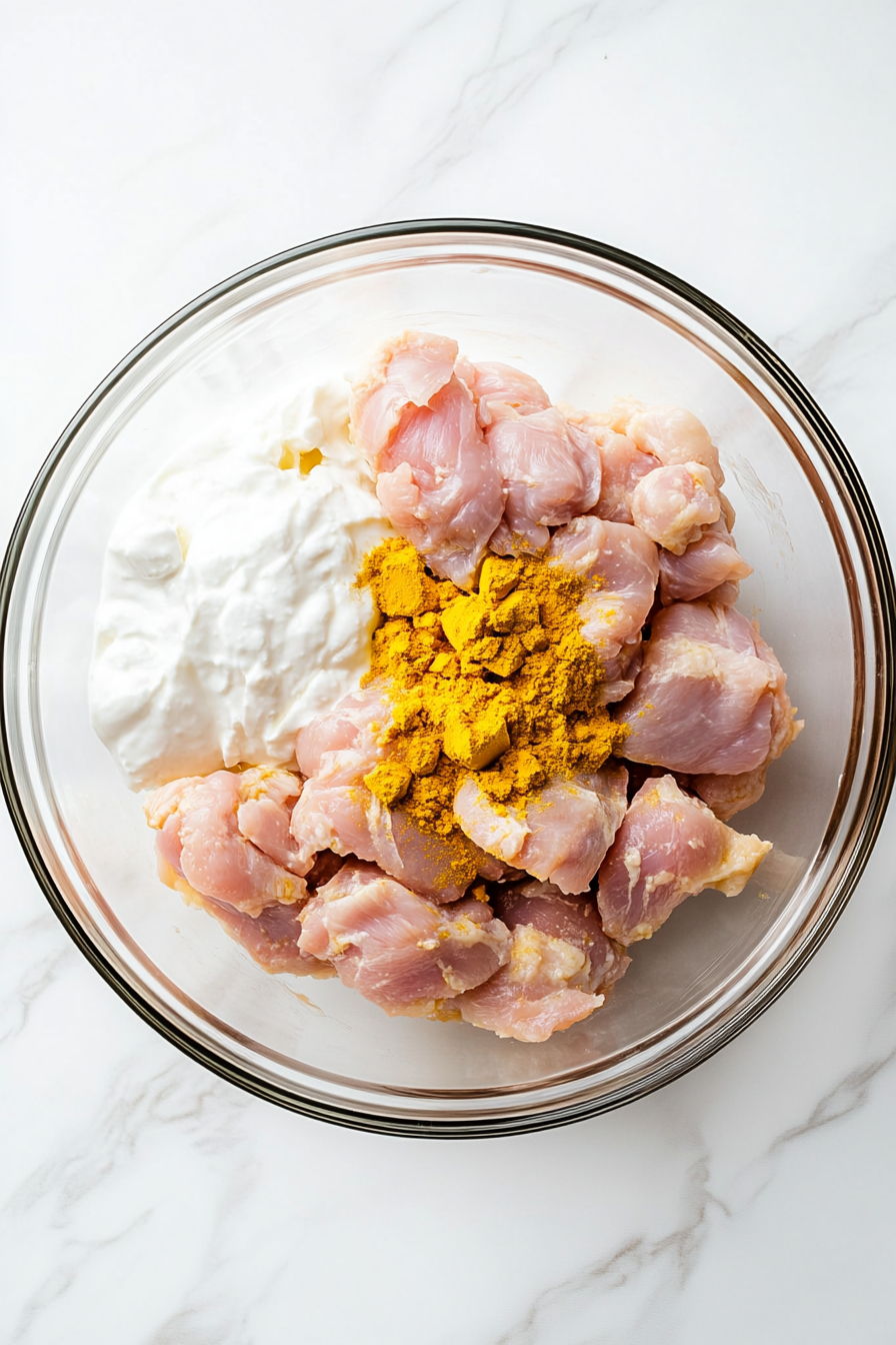 Marinate the chicken with curd, turmeric, and salt. Set aside for 20 minutes.
