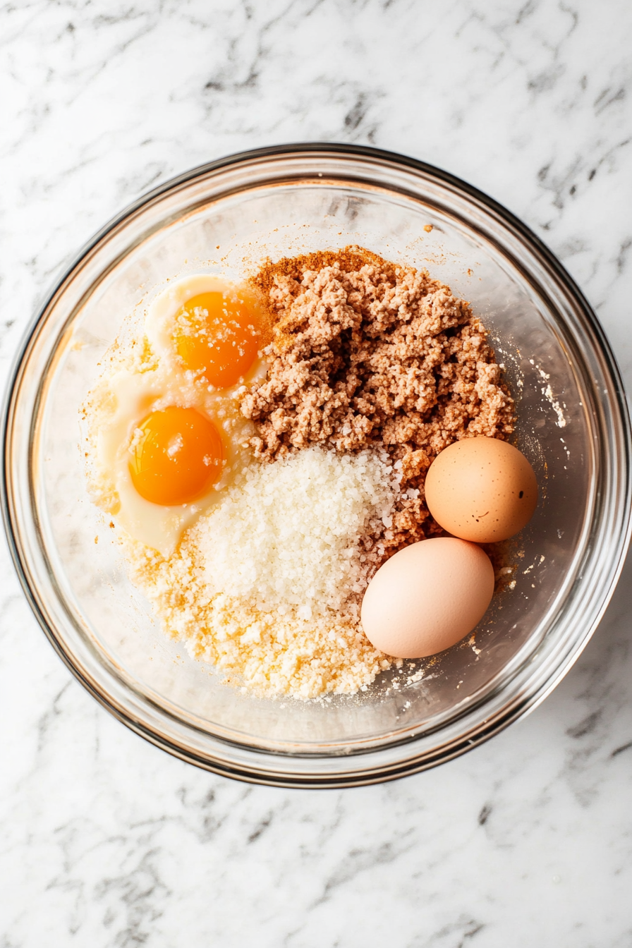 In a large bowl, mix ground chicken, eggs, parmesan, garlic powder, Italian seasoning, salt, and pepper.