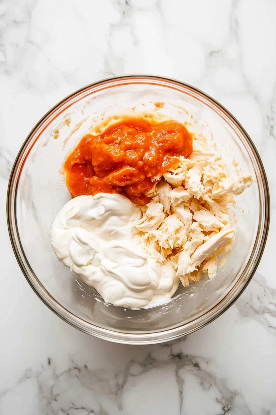 Mix in hot pepper sauce, ranch dressing, and diced cooked chicken.