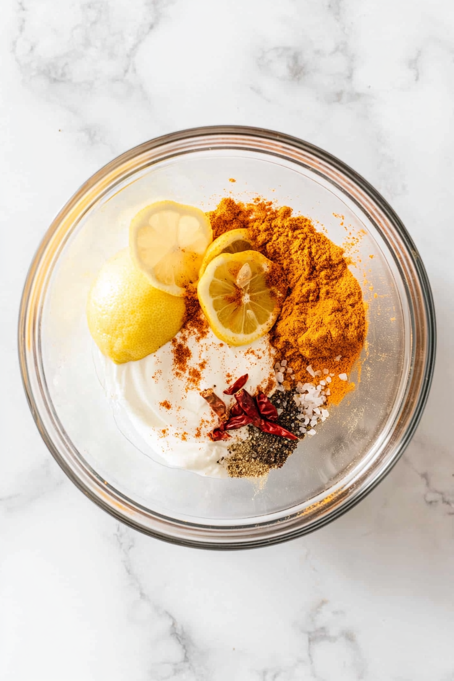 In a bowl, mix yoghurt, lemon zest + juice, spices, garlic, salt, and pepper.