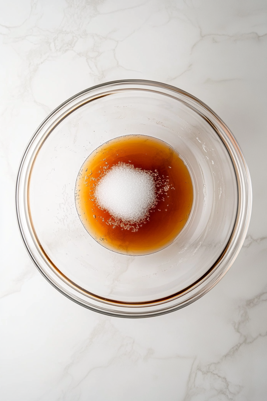 In a bowl, mix sugar, apple cider vinegar, ketchup, soy sauce, sesame oil, brown sugar, and garlic to make the sauce.