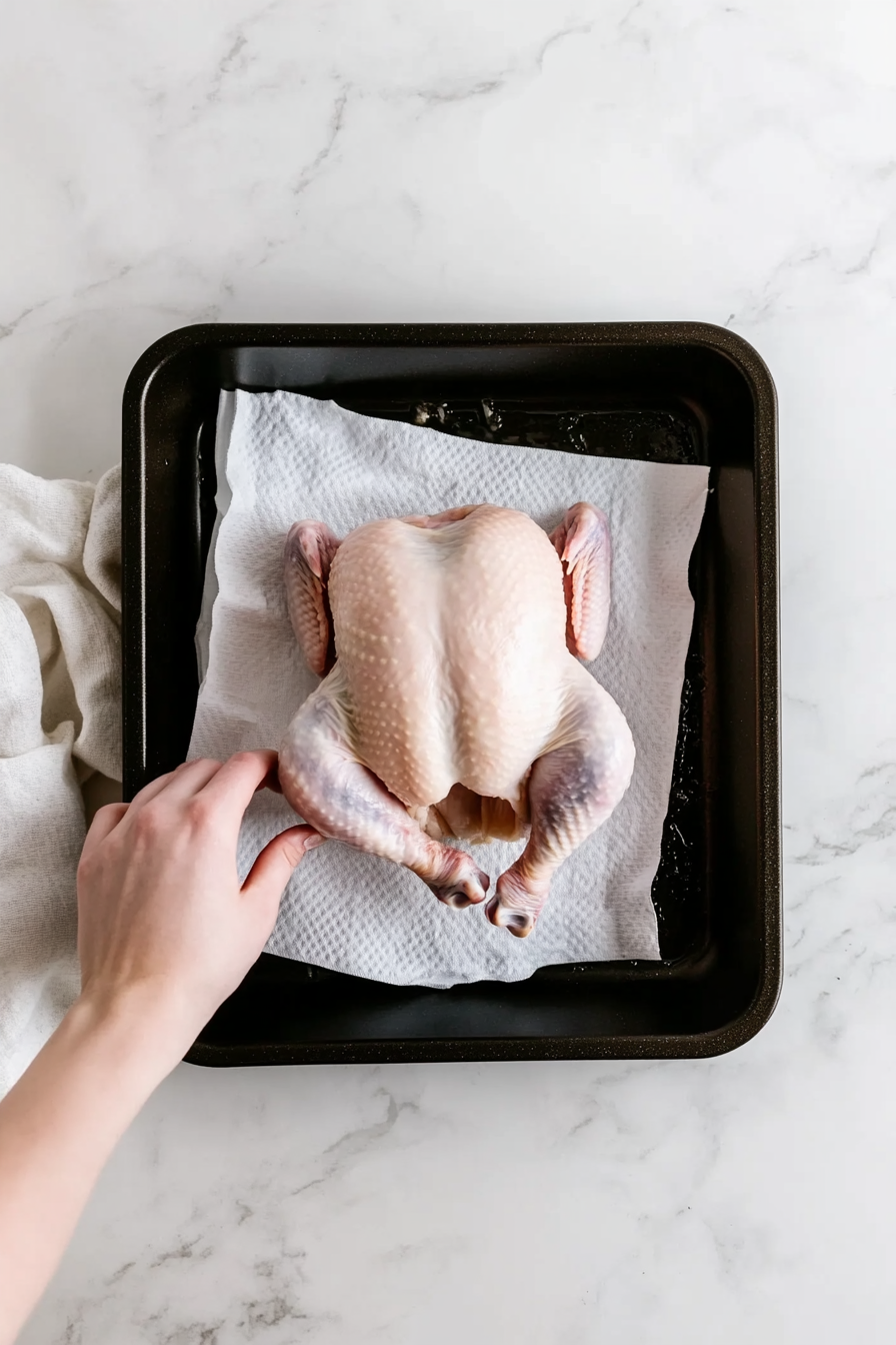 Remove giblets from the chicken and pat it dry with paper towels.