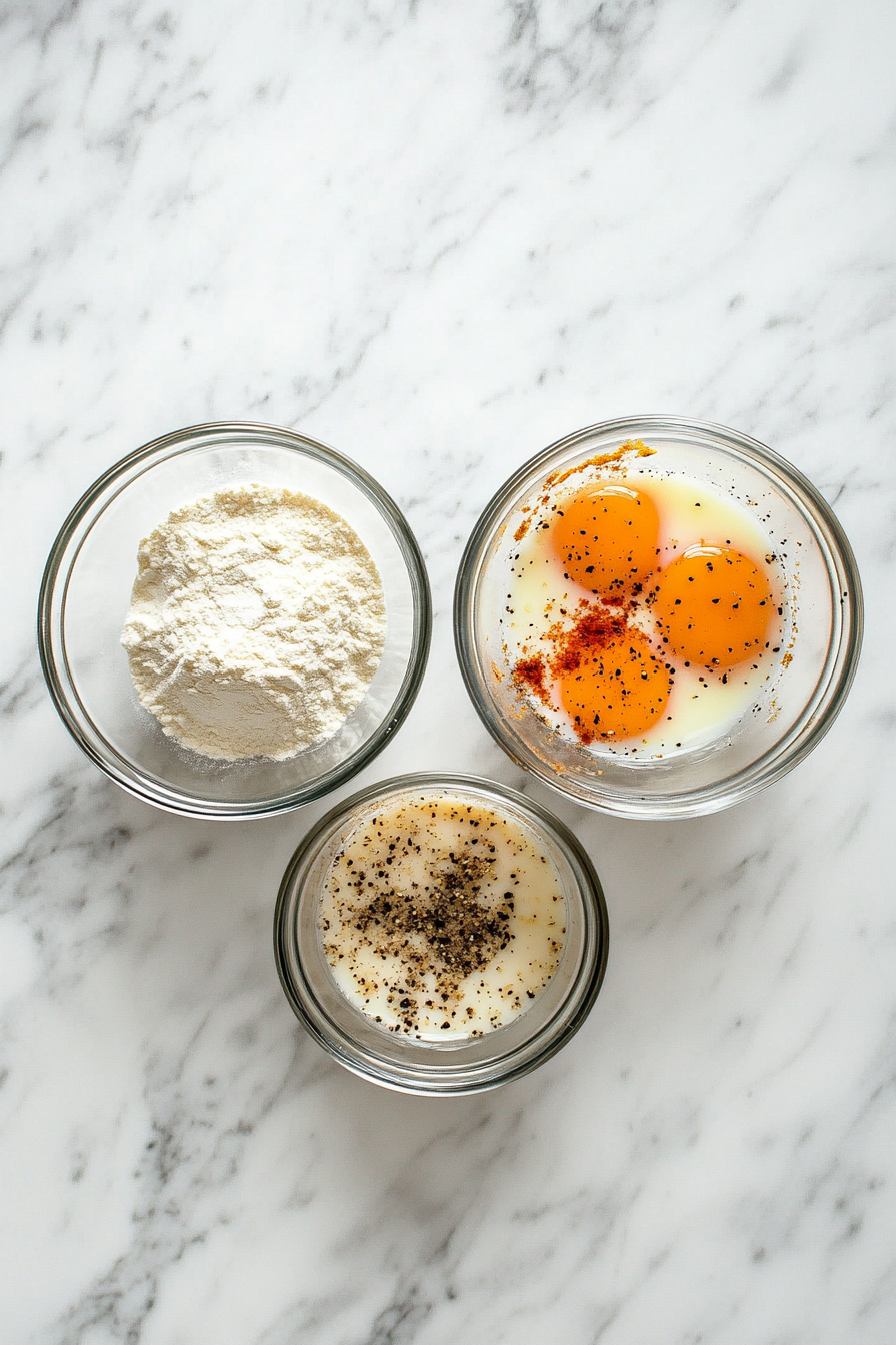 Prepare the coating stations: Place flour in one bowl, beaten eggs with water in another, and seasoned breadcrumbs in a third.
