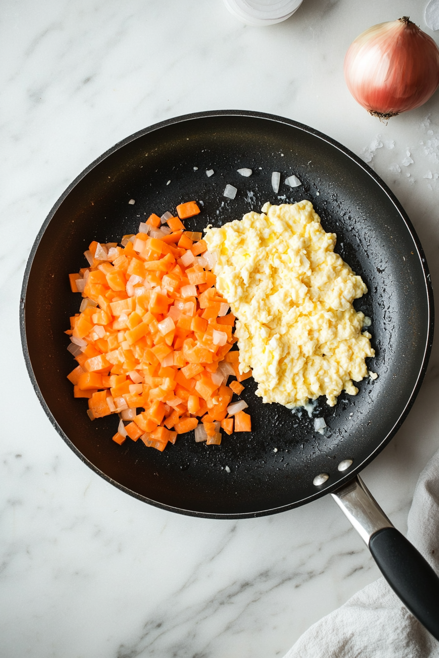Push vegetables to one side, scramble the egg on the other side until cooked, then mix everything together.