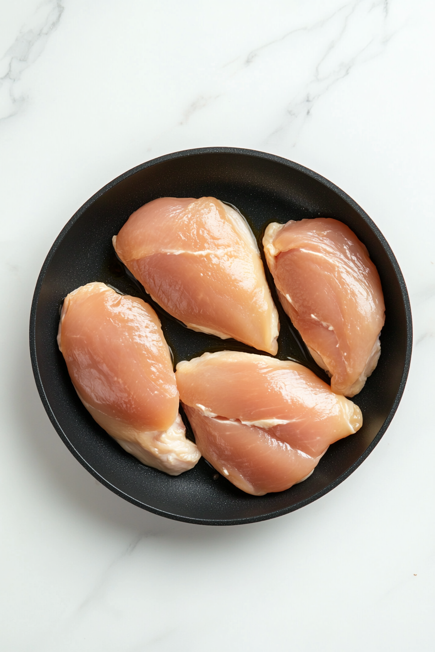 Heat olive oil and butter in a pan, sear chicken until golden brown (just a few minutes per side).