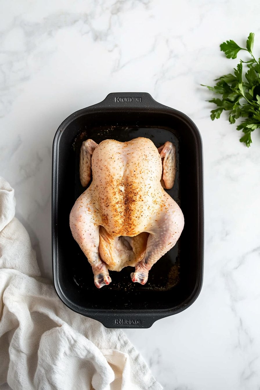 Rub the chicken inside and out with salt, pepper, and onion powder.