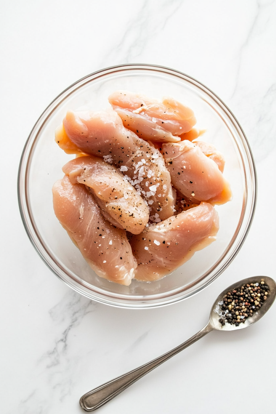 Season chicken tenders with salt and pepper, then lightly dredge in flour.