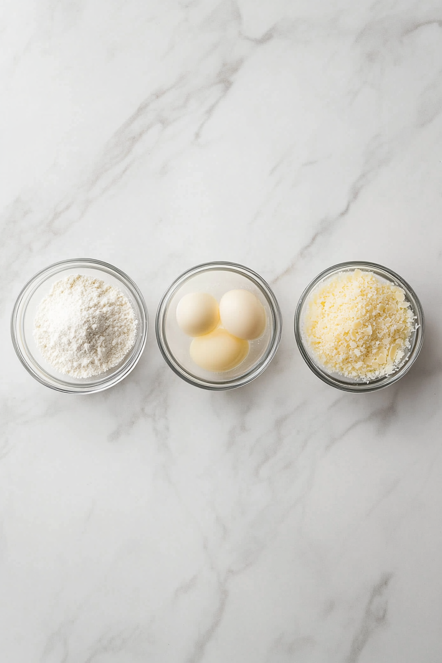 Set up three bowls: one with flour, one with beaten eggs, and one with panko mixed with half the Parmesan cheese.