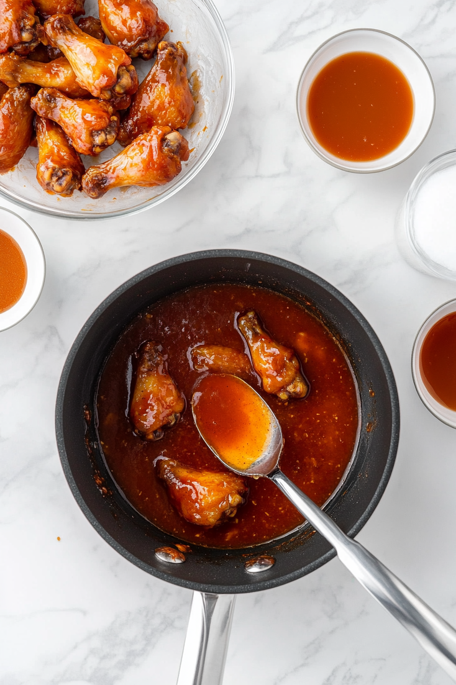 Simmer buffalo sauce and toss wings. While the wings bake, prepare the buffalo sauce: simmer hot sauce, brown sugar, and water in a small pan until thickened slightly.
