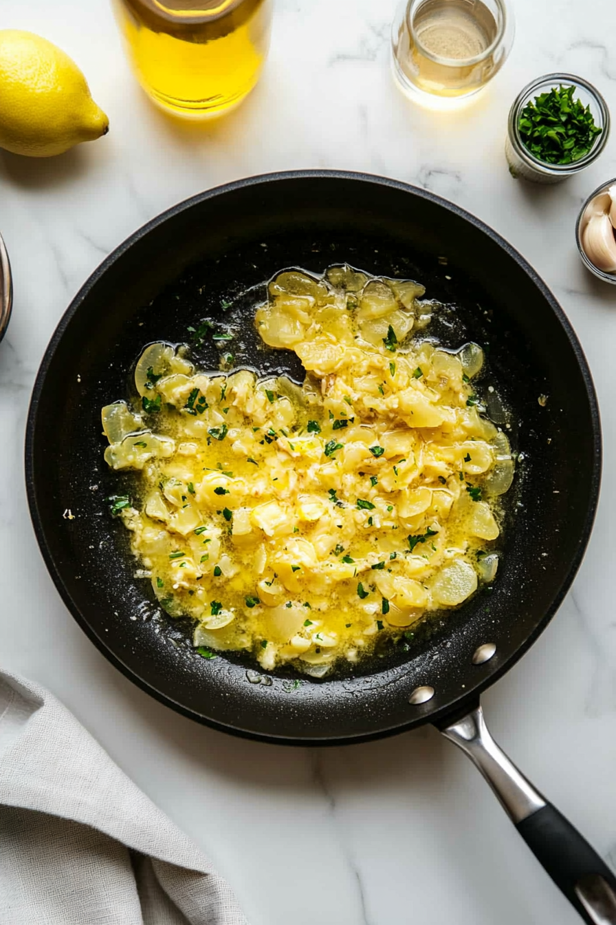 Pour in white wine, lemon juice, and zest. Simmer for 2–3 minutes.