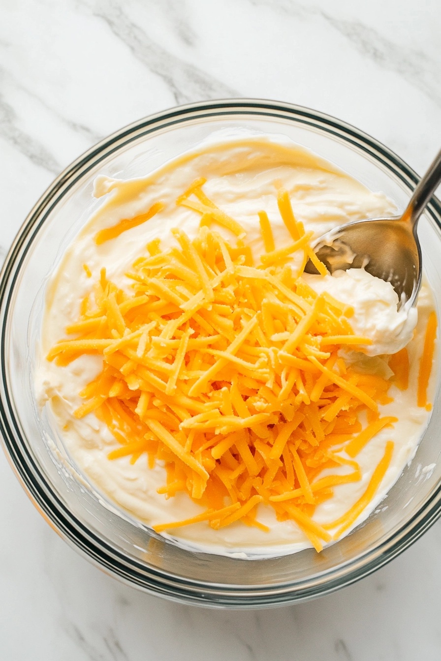 Stir in shredded Cheddar cheese.