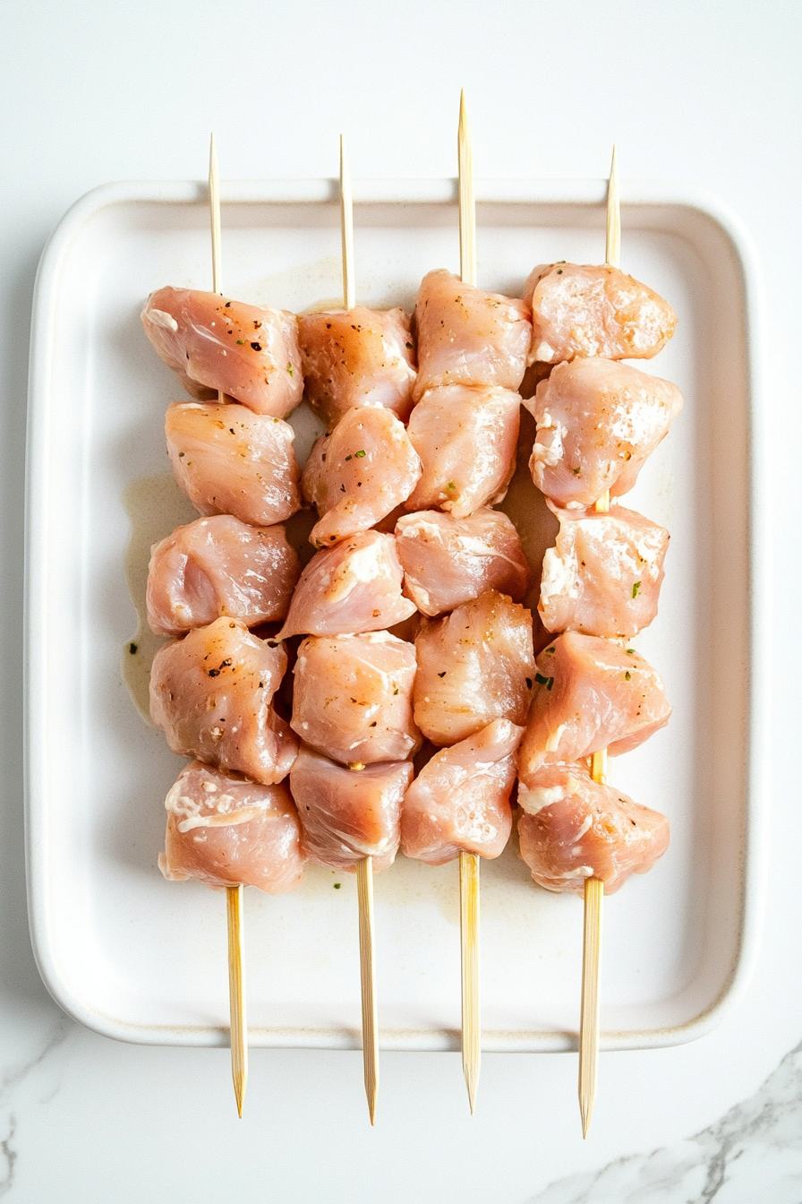 Thread marinated chicken onto skewers.