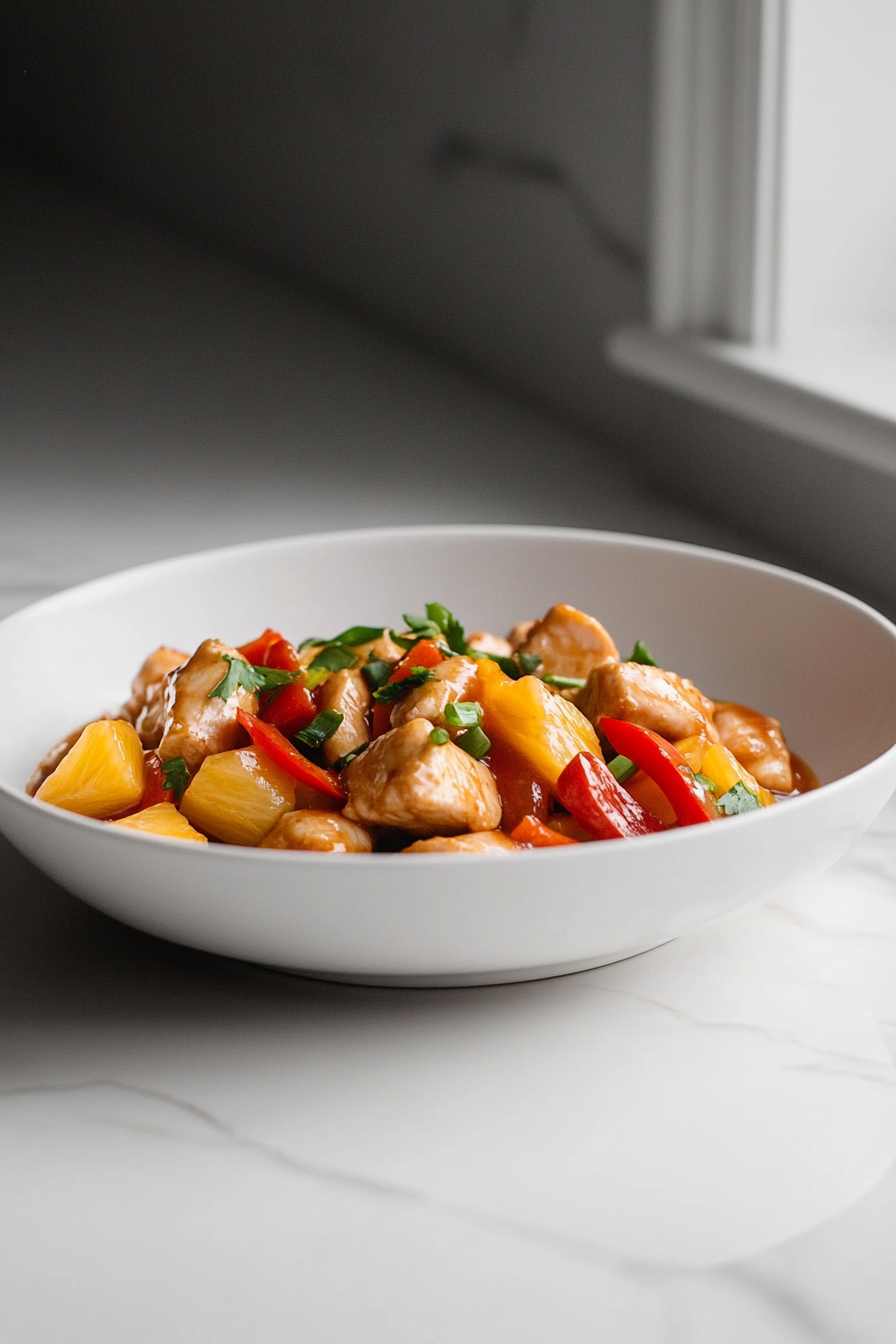 Top-down image of a colorful chicken stir-fry dish served in a shallow white bowl placed on a white marble countertop. The stir-fry features golden seared chicken breast strips mixed with red bell pepper cubes, scallion pieces, and juicy pineapple chunks, all coated in a glossy sauce. The presentation is simple and appetizing, with a vibrant, homemade feel that highlights the freshness and flavors of the ingredients used throughout the cooking process.