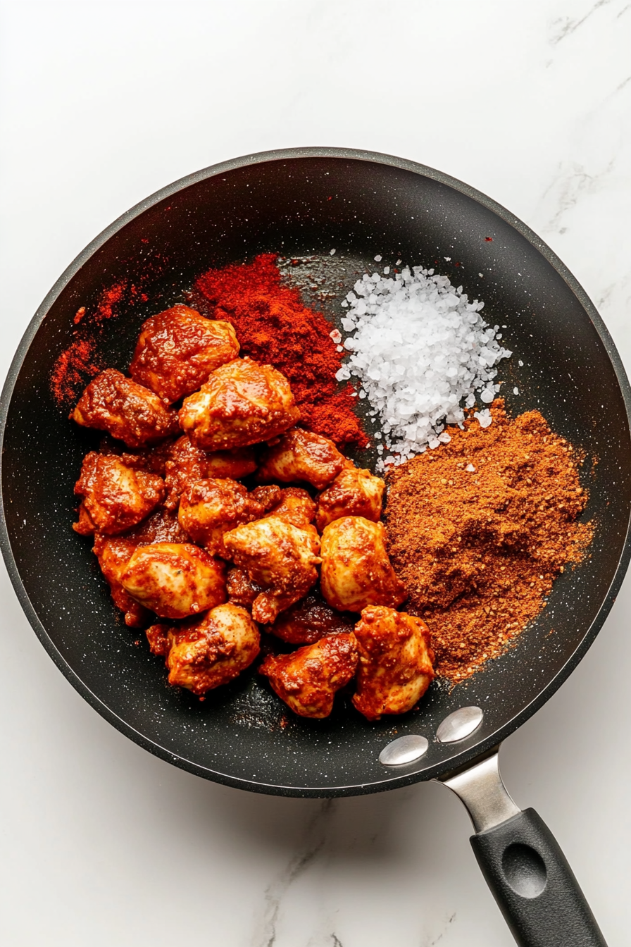 Top-down view of chicken chunks in a black skillet being coated with aromatic spices including tandoori masala, salt, cayenne pepper, and garam masala. The skillet sits on a white marble countertop. This step is crucial for building the vibrant, spicy flavor profile of butter chicken, blending rich seasonings directly into the protein as it cooks.