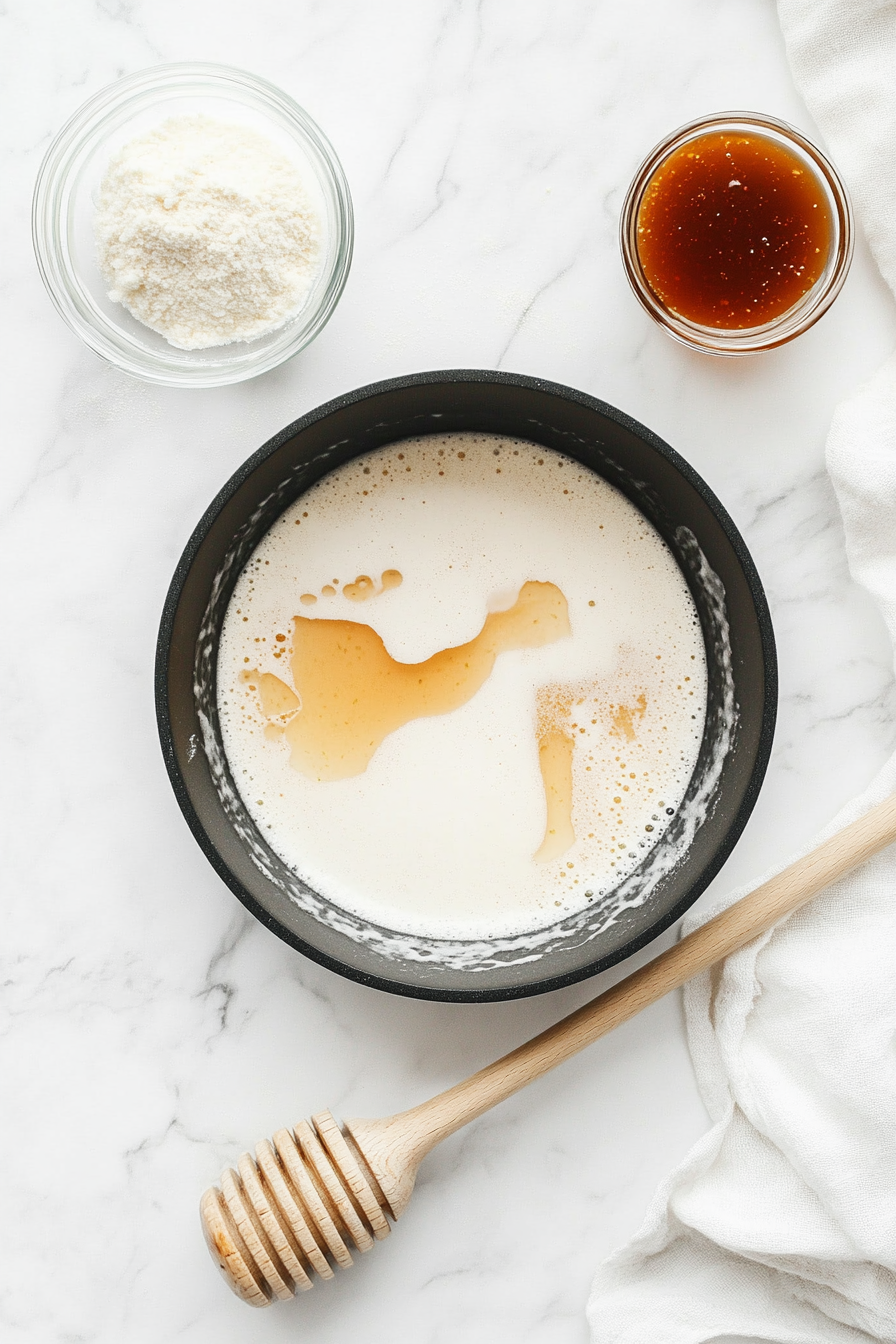 A rich mixture of coconut milk, low-sodium chicken broth, soy sauce, honey, Sriracha, lime zest, and lime juice is simmering in the black skillet. Beside the pan, a glass bowl contains a cornstarch slurry, ready to be stirred into the sauce for thickening. The countertop is clean and white, with all ingredients clearly visible.