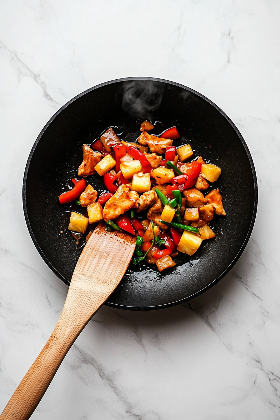 Top-down shot of the final simmering stage of the chicken stir-fry inside a black non-stick skillet placed on a white marble countertop. The sauce has thickened beautifully, glazing the chicken strips, pineapple chunks, red bell peppers, and scallions. The wooden spatula rests on the skillet’s edge. All ingredients look well blended and glossy. The steam gently rising from the skillet indicates the dish is ready to be served hot and fresh.