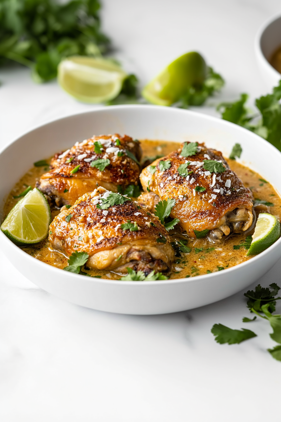 A delicious bowl of creamy coconut lime chicken thighs is served with a vibrant garnish of chopped fresh cilantro, lime wedges, and a sprinkle of toasted coconut flakes. The chicken is golden and perfectly seared, swimming in a thick, fragrant sauce made with coconut milk, lime juice, and savory spices. A comforting and flavorful dish.