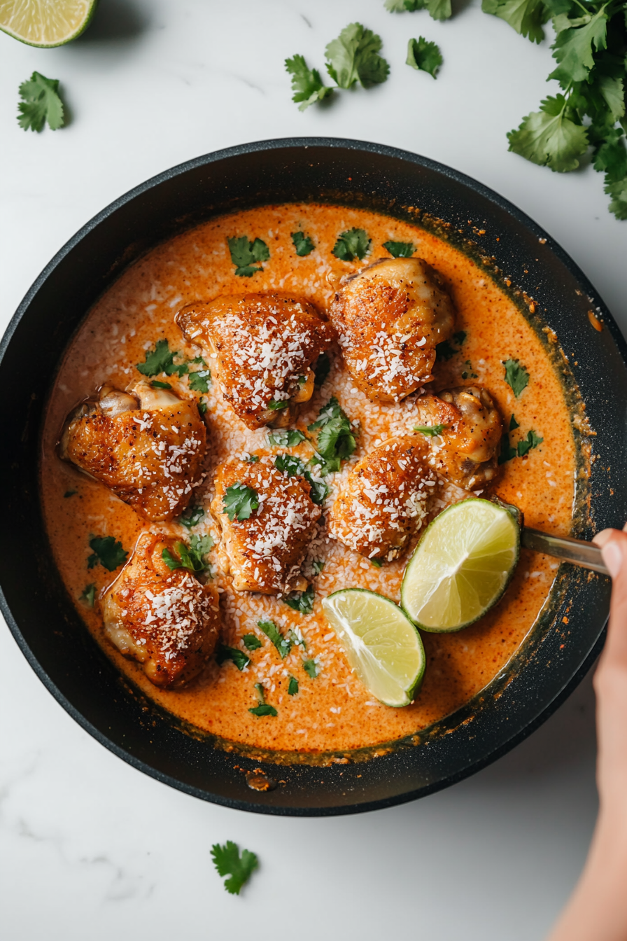 Golden-brown chicken thighs are placed back into the thickened coconut lime sauce. Fresh cilantro and lime wedges are added for garnish, and a sprinkle of toasted coconut flakes finishes the dish. The black skillet sits on a white marble countertop, highlighting the vibrant colors and textures of this savory, creamy, and zesty chicken recipe.