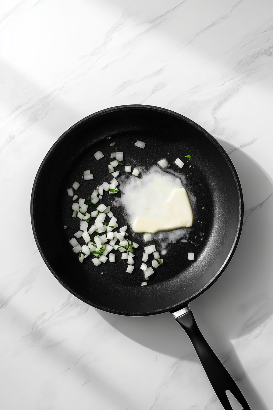 Top-down view of the beginning stage of making butter chicken. In a large black skillet placed on a white marble countertop, ½ cup of butter is melting, and finely minced onions are being sautéed to a golden brown. This step builds the base flavor of the dish, with a clean and simple setup to highlight the ingredients and cooking process.