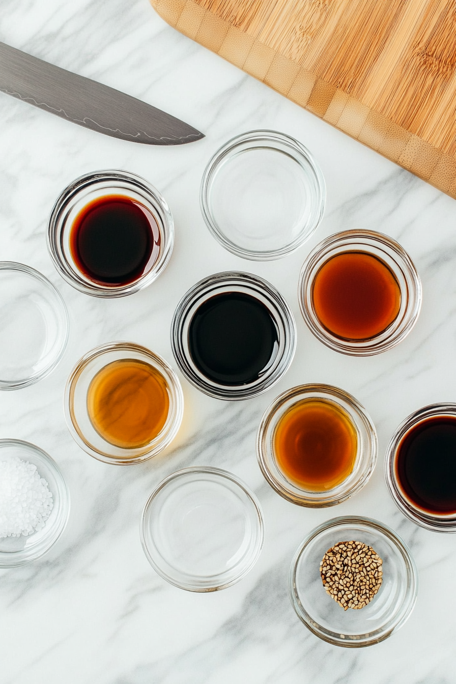 Top-down view showing a well-organized cooking prep area with small clear bowls filled with sauces including light soy sauce, dark soy sauce, sesame oil, oyster sauce, Shaoxing wine, white pepper, salt, and sugar. Nearby, julienned carrots, snap peas, mung bean sprouts, scallions, and sliced mushrooms are placed on a ceramic tray. A cutting board and knife are visible in the background, emphasizing the importance of mise en place in quick stir-fry recipes.