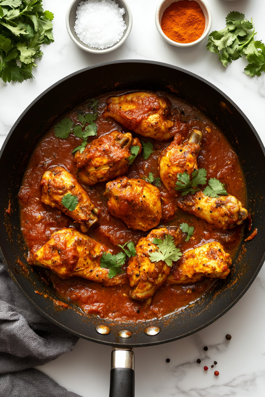 Top-down view of tomato sauce being poured into a black skillet containing chicken and a mixture of Indian spices. The ingredients are stirred together and set to simmer on a white marble countertop. This step brings acidity and color to the butter chicken, helping the sauce develop its classic red-orange hue while deepening the flavor.