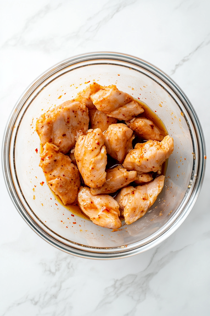 This top-down image shows boneless skinless chicken breast strips marinating in a glass bowl placed on a white marble countertop. The chicken is coated with a flavorful mixture of soy sauce, olive oil, paprika, and a pinch of salt. Measuring spoons and small ingredient bowls with labeled ingredients are arranged around the bowl. The clean and minimal setting focuses on preparing the chicken for stir-frying, highlighting the rich colors of the marinade soaking into the fresh chicken.