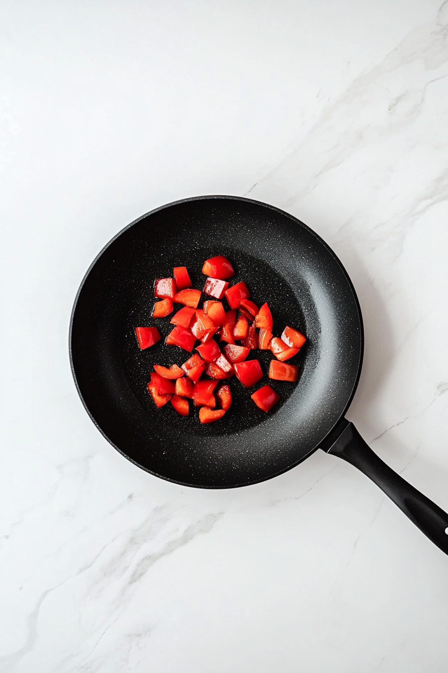 This image captures a top-down view of red bell pepper cubes and sliced scallions being sautéed in olive oil inside a black non-stick skillet on a white marble surface. The vegetables appear slightly softened, releasing their color and aroma. A wooden spatula is stirring the mix, while labeled ingredient bowls sit nearby. The clean background ensures full attention to the vibrant red and green vegetables sizzling together as they become tender and flavorful.