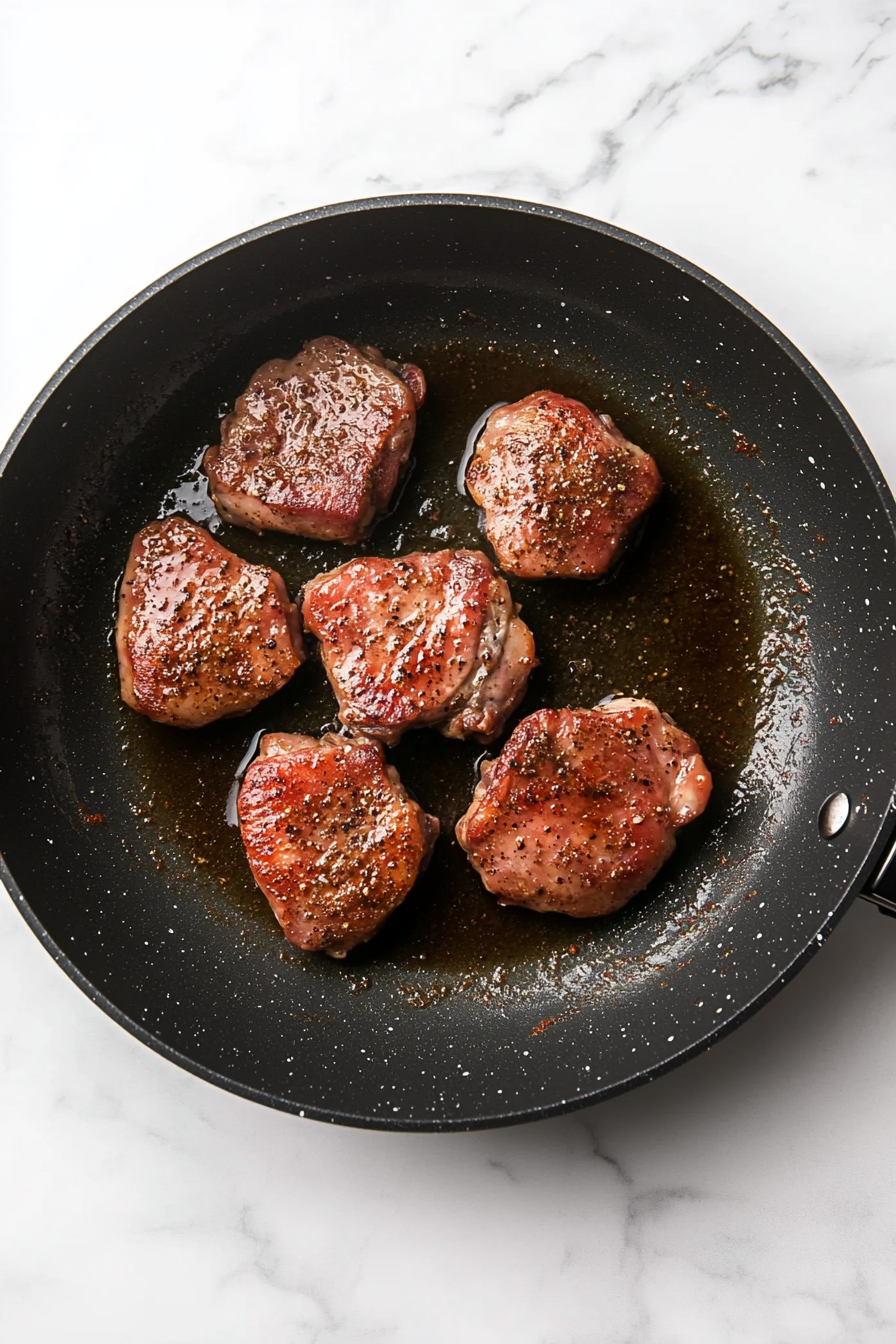 Seasoned chicken thighs are searing in a large black non-stick skillet, their surfaces turning golden brown and slightly crisped. This step locks in moisture and flavor. The white marble countertop provides a clean, professional-looking backdrop, enhancing the visual appeal of the cooking process. A wooden spoon rests nearby for flipping the chicken if needed.