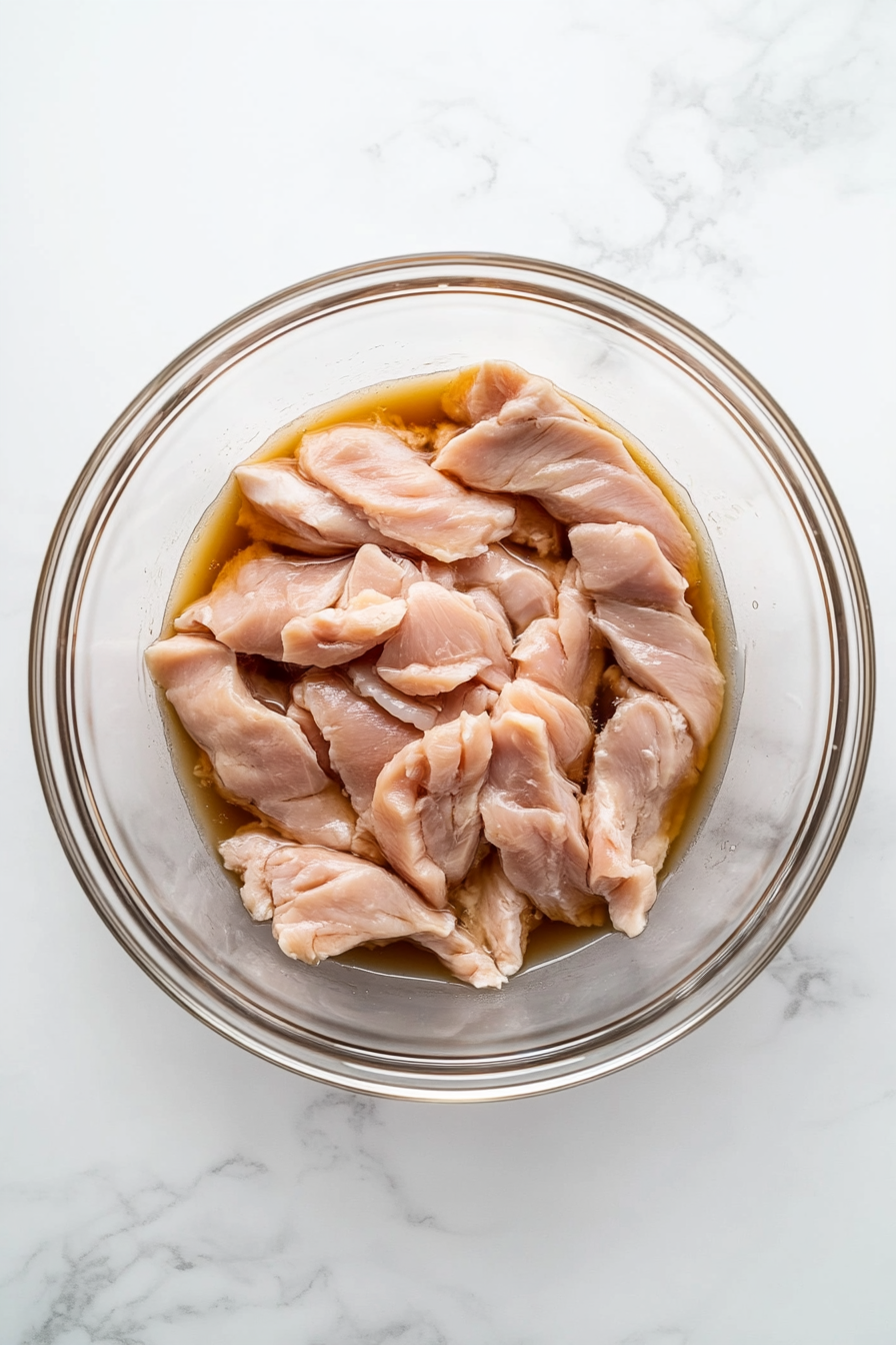 Top-down view of thinly sliced raw chicken breast marinating in a clear glass bowl with a blend of oyster sauce, Shaoxing wine, cornstarch, water, and neutral oil. Measuring spoons and small ingredient bowls are neatly placed around, showing a clean and organized setup on a white marble countertop. The chicken is coated evenly, soaking up the flavors as it rests for 15 minutes before cooking. The image highlights proper preparation and ingredient handling for a flavorful stir-fry.