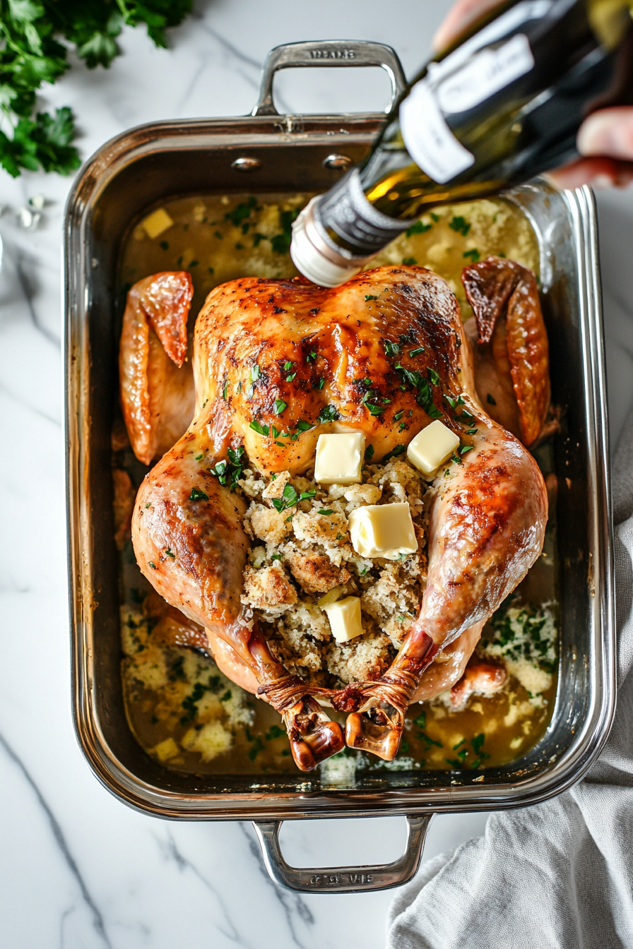 Pour in the white wine around the turkey (not on it).