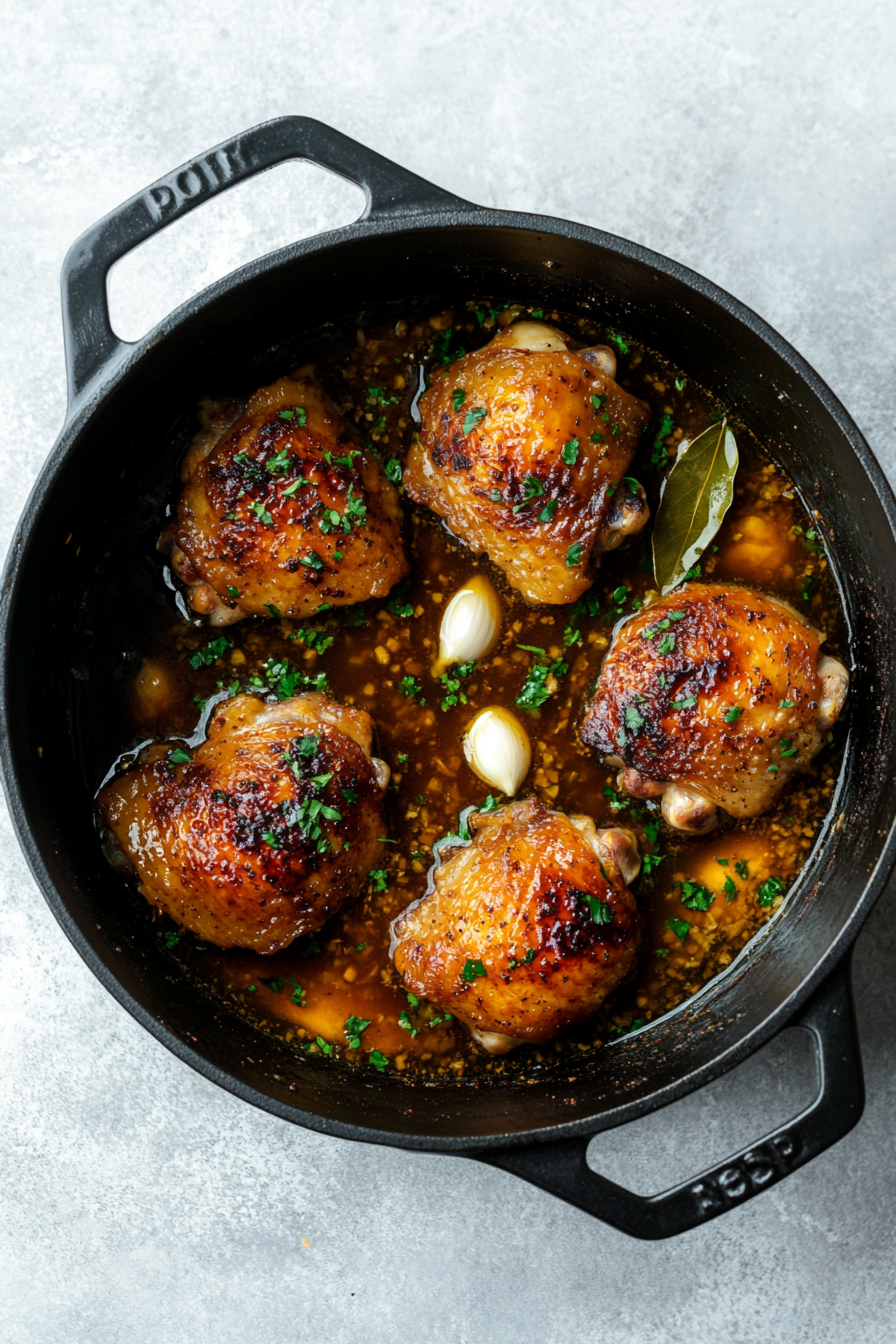 Add garlic, soy sauce, vinegar, bay leaves, peppercorns, brown sugar, and water.