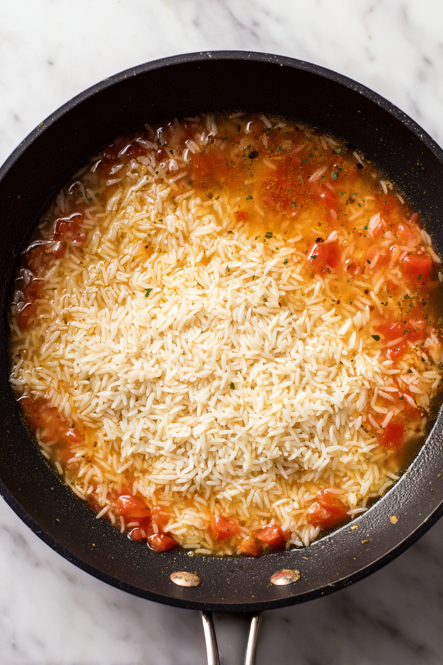 Mix in the washed rice and coat it well in the mixture. Pour in chicken stock, lemon juice, and stir everything together.