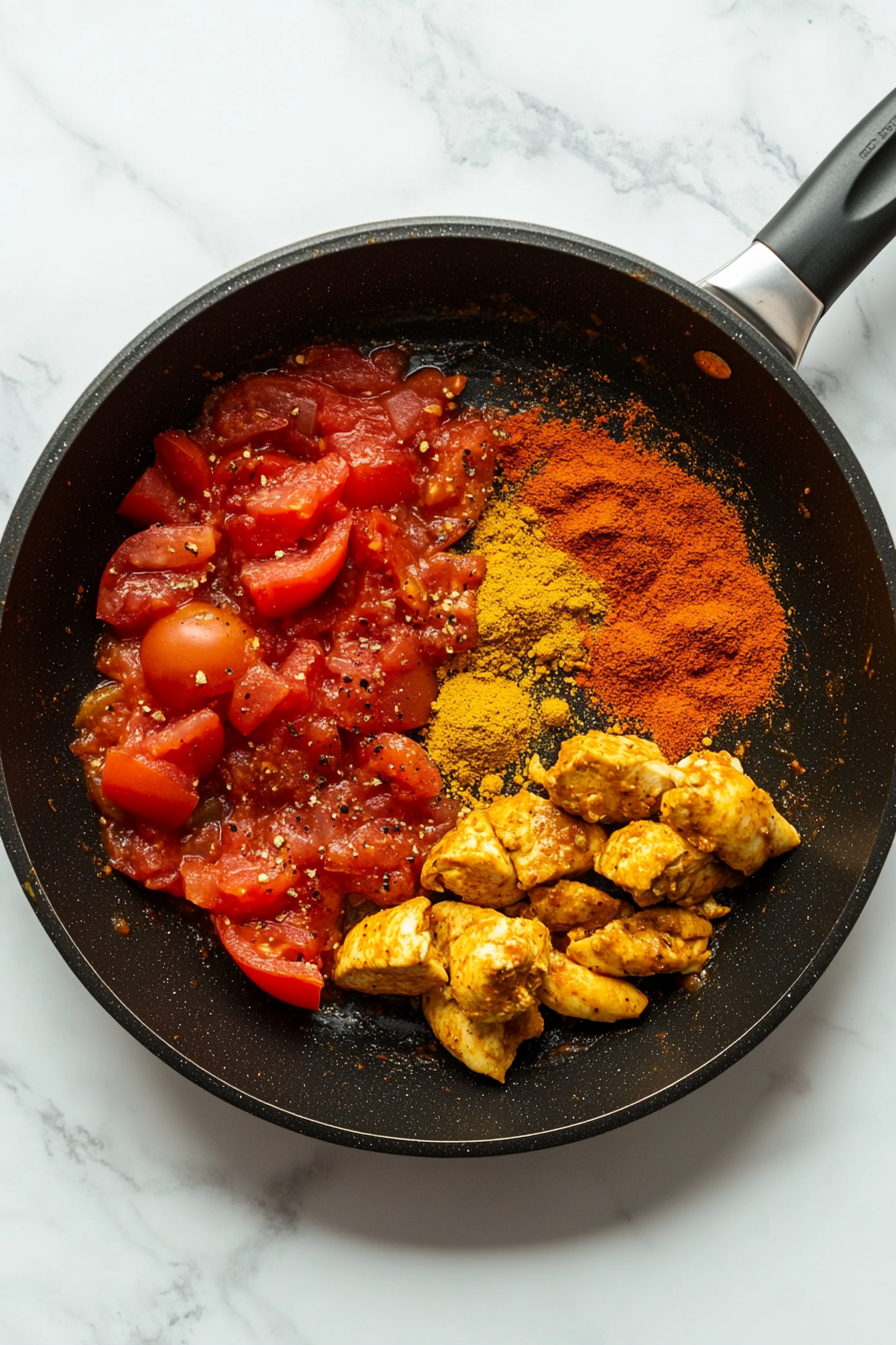 Mix in ground coriander, turmeric, red chili powder, and salt.