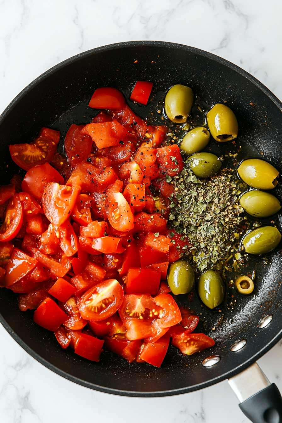 Add diced tomatoes, green olives, remaining oregano, and cook for 5 minutes.
