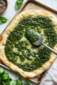 Spread pesto sauce evenly over the crust.