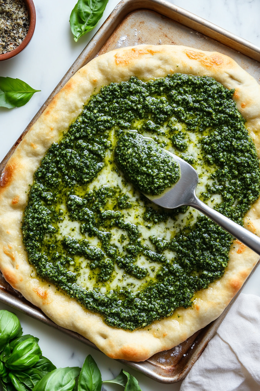Spread pesto sauce evenly over the crust.