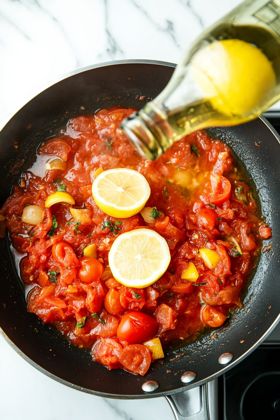 Pour in white wine, lemon juice, and chicken broth; simmer for 3 minutes to reduce slightly.
