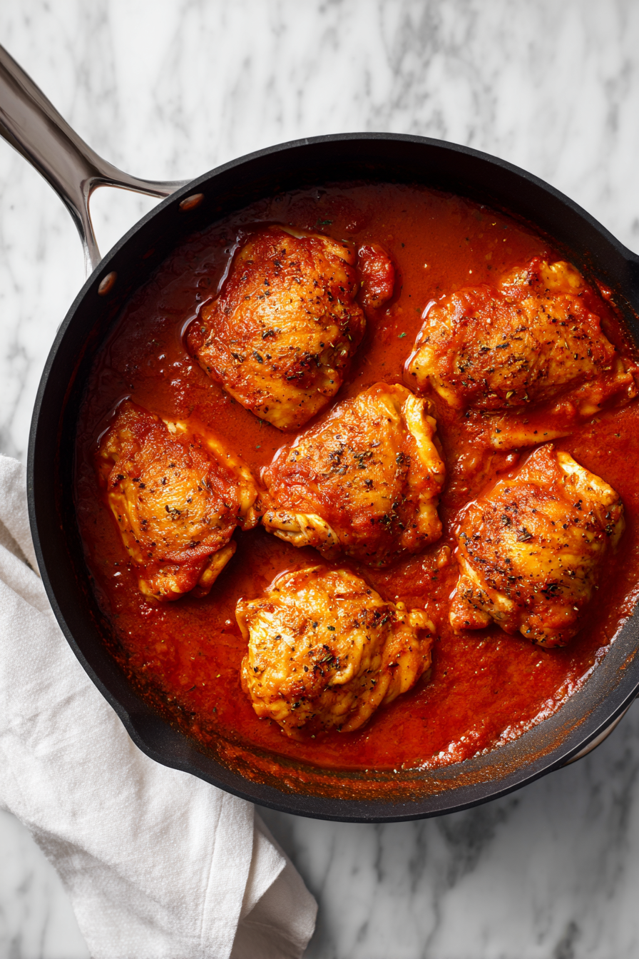 Nestle chicken thighs into the sauce; cover and cook for 25–30 minutes.