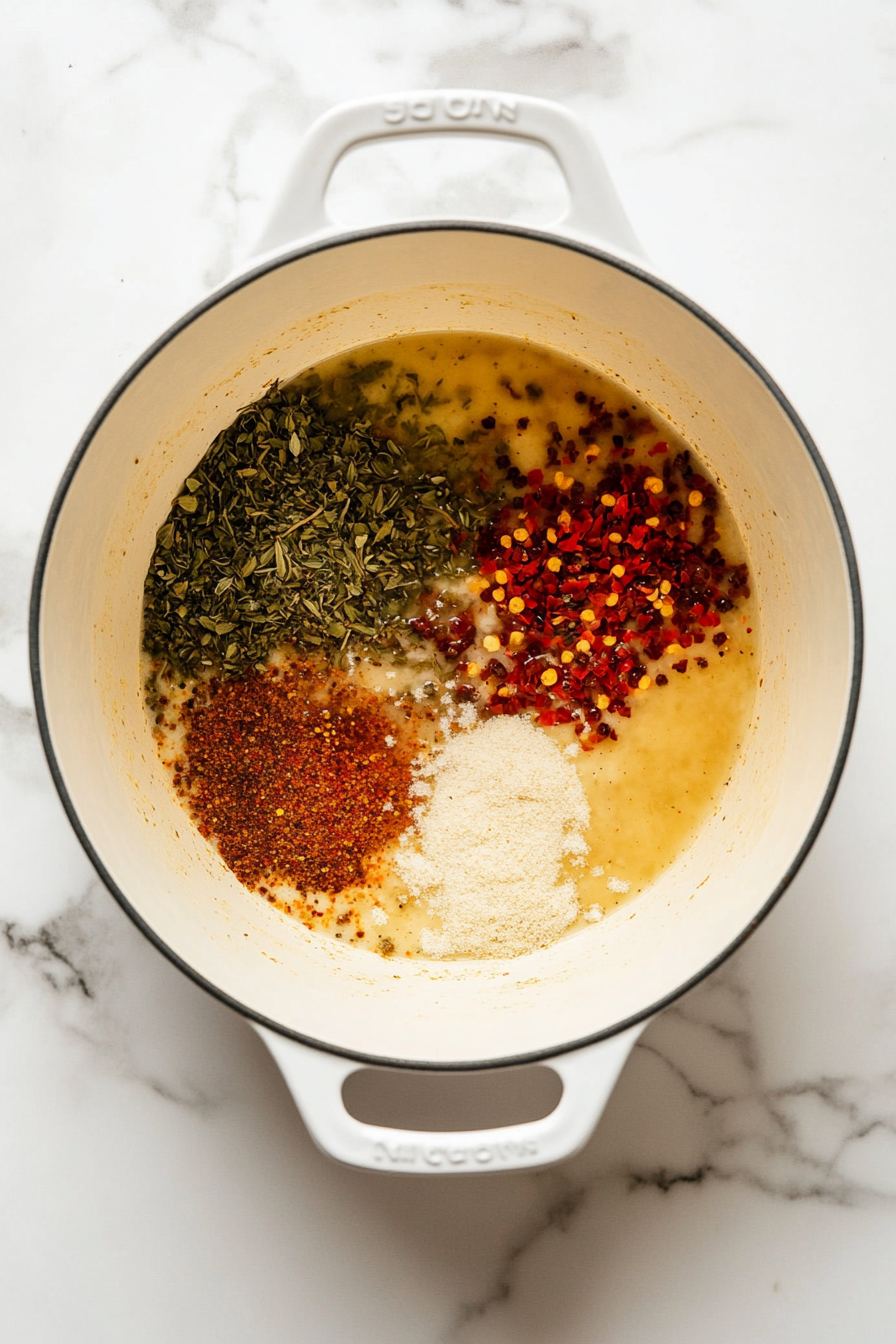 Stir in oregano, black pepper, and optional spices like red pepper flakes, cayenne, or paprika.