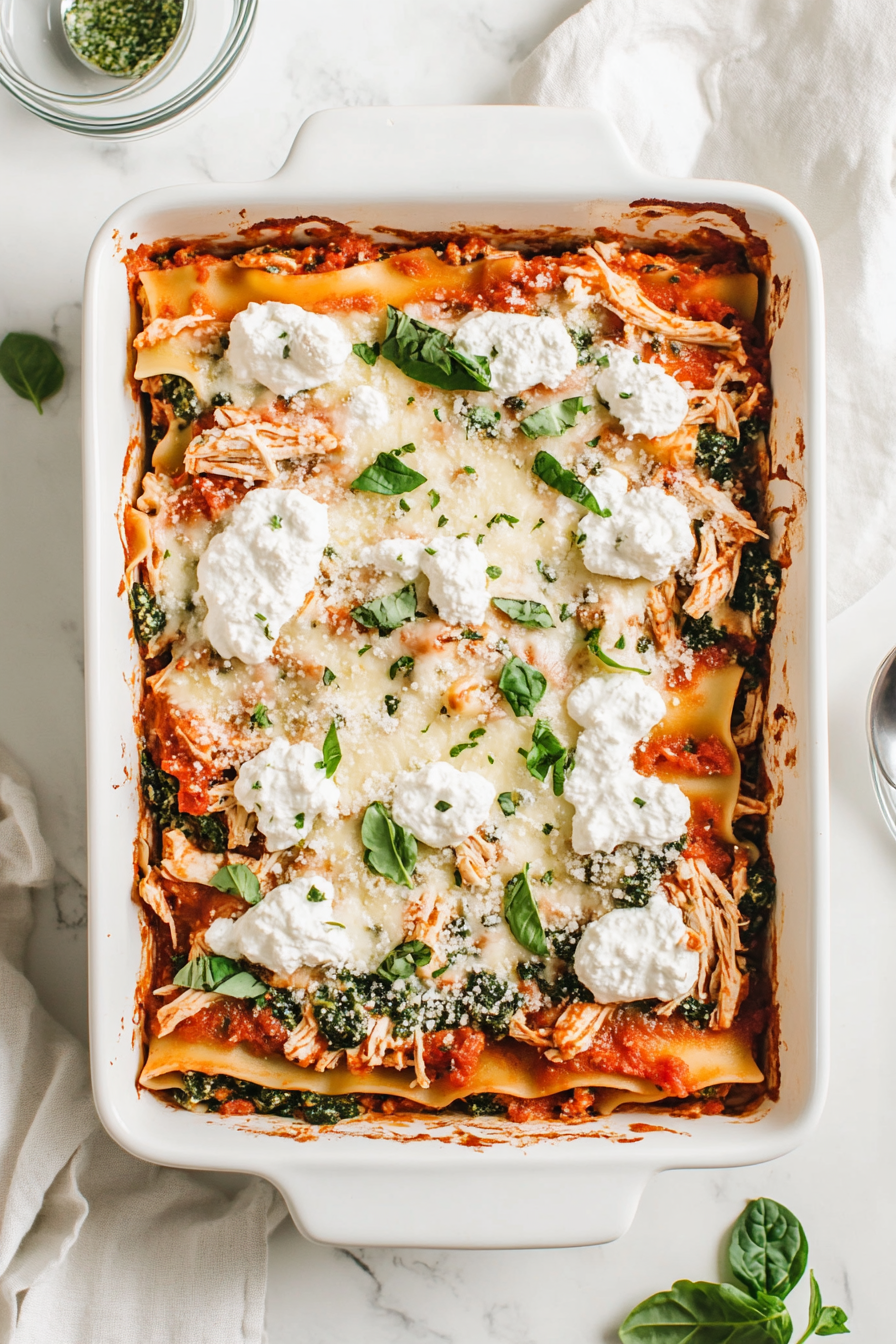 In the baking dish, layer noodles, shredded chicken, spinach cream sauce, ricotta mixture, and mozzarella cheese—repeat layers.