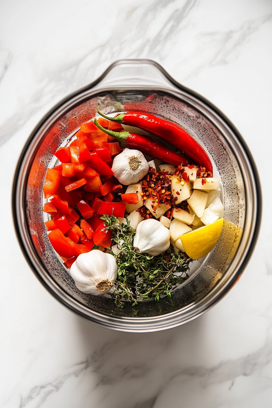 Blend garlic, chilies, bell pepper, spices, lemon juice, vinegar, and oil until smooth.