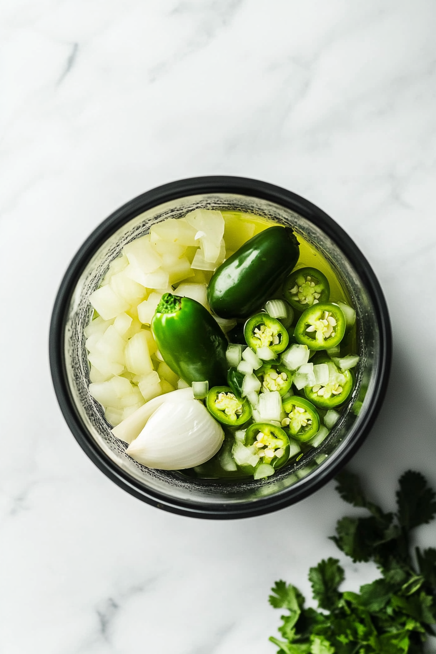 Blend tomatillos, peppers, onion, garlic, salt, and water to make the chile verde sauce.