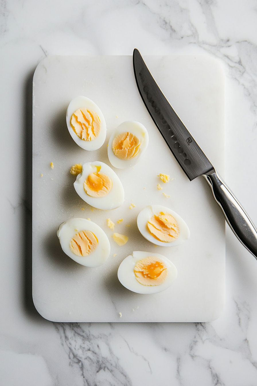 Boil the eggs, cool them, and chop them into small pieces.