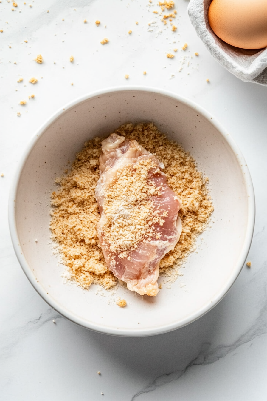 Dip chicken into flour, then egg, then breadcrumbs, pressing to coat.