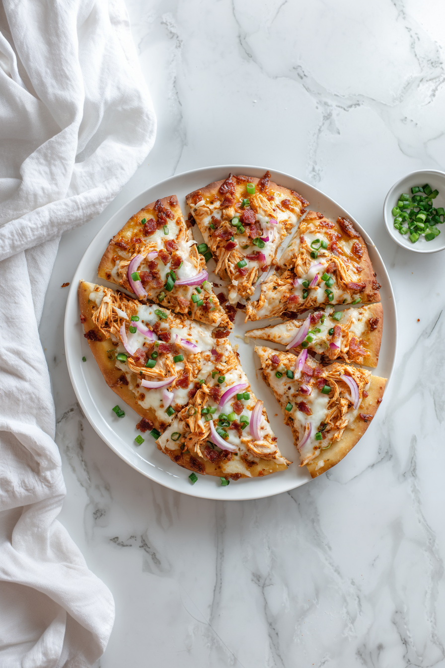 Buffalo Chicken Flatbread Recipe in 20 Minutes! Garnish with green onions, slice, and serve hot.