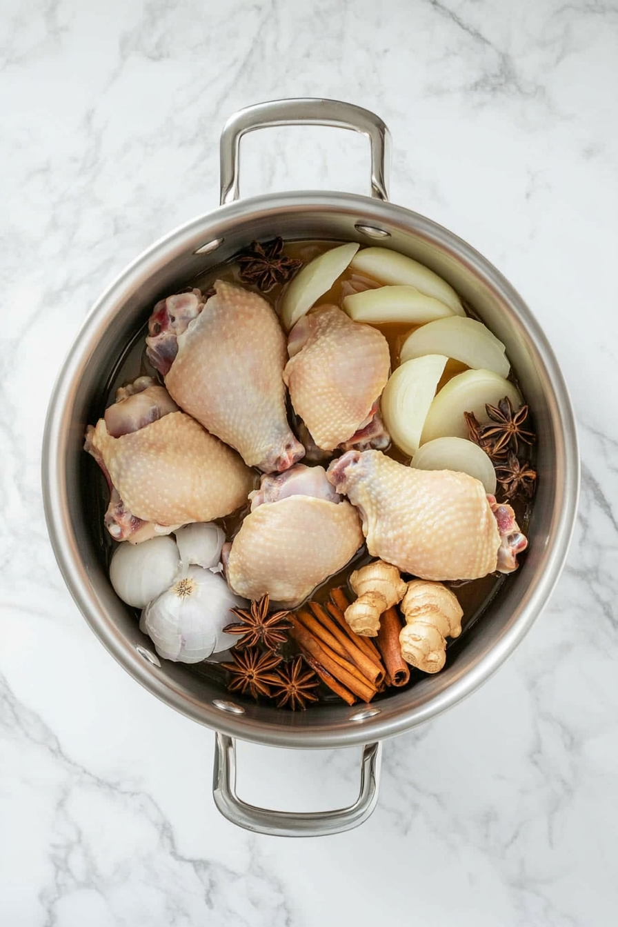 In a large pot, add water, chicken, charred aromatics, spices, fish sauce, sugar, and salt.